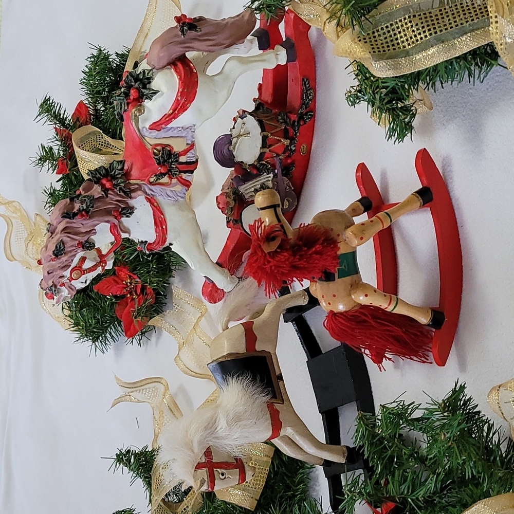 Lot of 3 Rocking Horses Vintage Christmas Handpainted Wooden Polystone 1980s